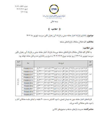 آغاز اختیار آتی زعفران نگین سررسید شهریور ۱۴۰۲