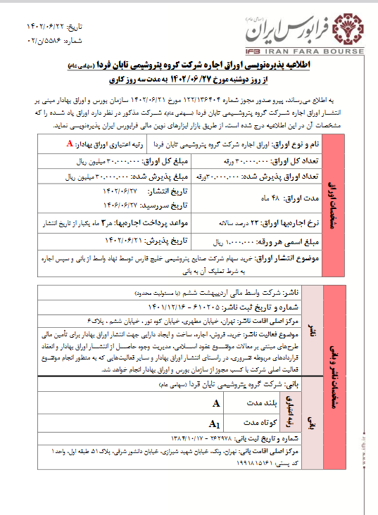 پذیره نویسی اوراق اجاره شرکت گروه پتروشیمی تابان فردا