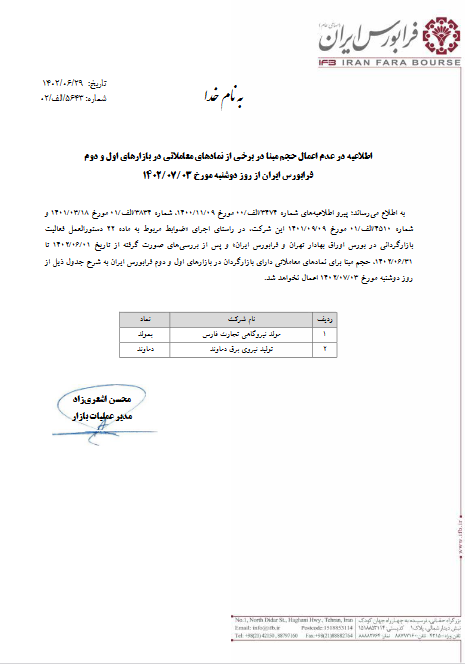 عدم اعمال حجم مبنا در دو نماد فرابورسی