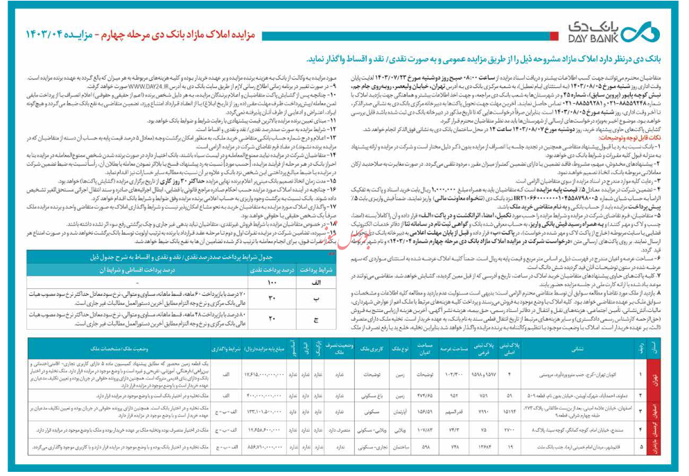 چهارمین مرحله مزایده بانک دی برگزار می شود/23 مهر ماه ساعت 17