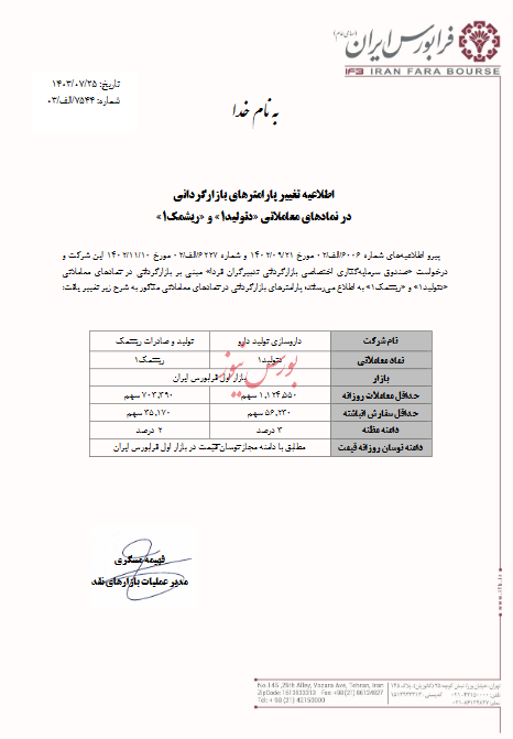 تغییر پارامترهای بازارگردانی دو نماد فرابورسی